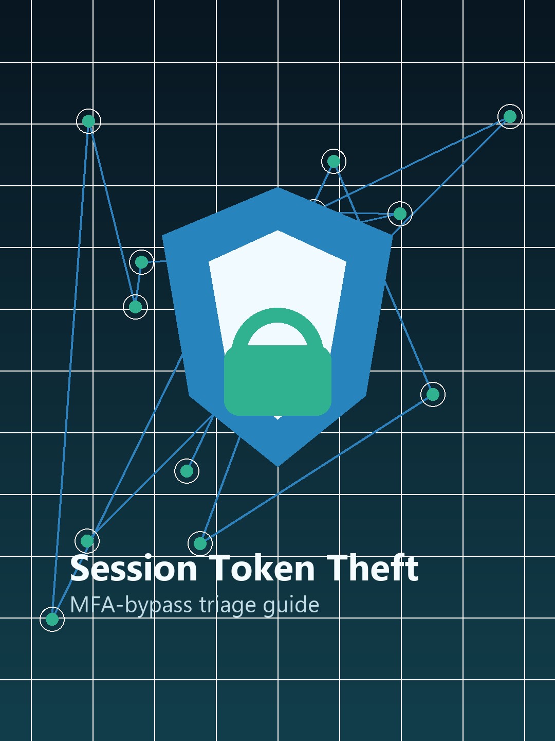 Abstract Cybermeeno shield poster for a session token theft triage web story.