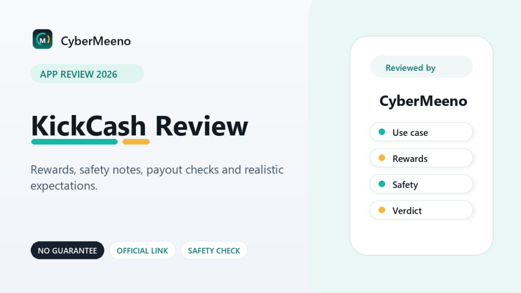 CyberMeeno review graphic for KickCash cashback and coupons in 2026