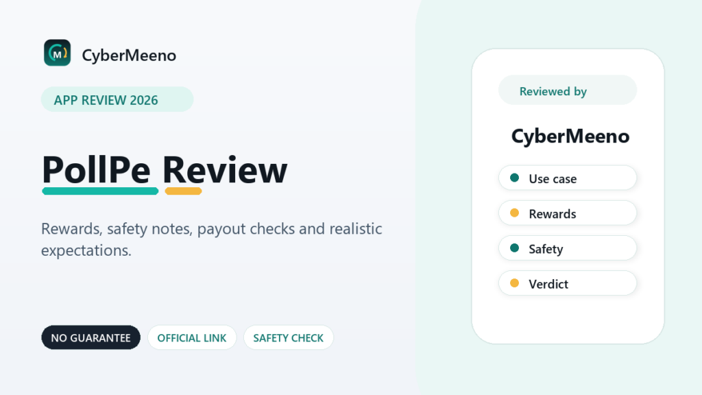 CyberMeeno review graphic for PollPe survey rewards app in 2026