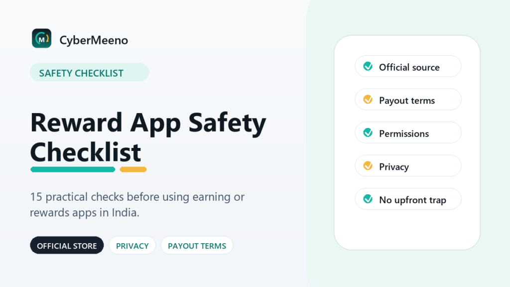 CyberMeeno safety checklist graphic for reward apps in India