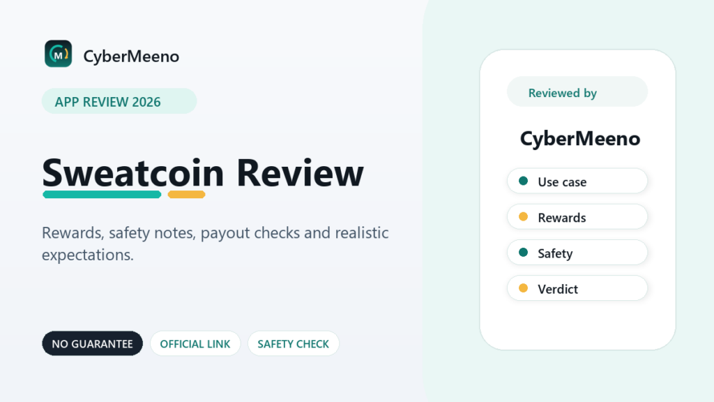 CyberMeeno review graphic for Sweatcoin walking rewards in 2026